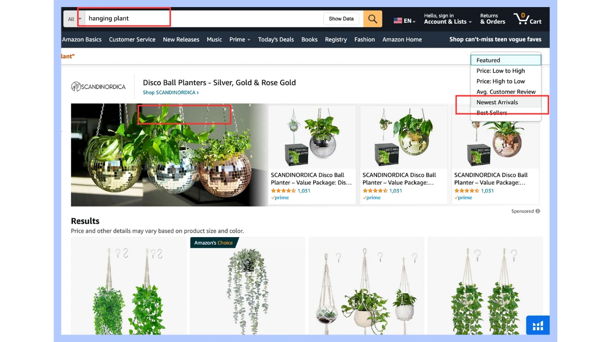 Select the filter new arrival on SERP in Amazon PPC campaign 